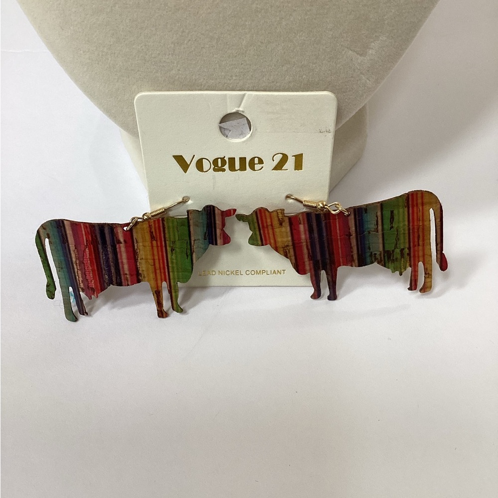 Vogue 21 Colorful Striped Cow Earrings, NWT